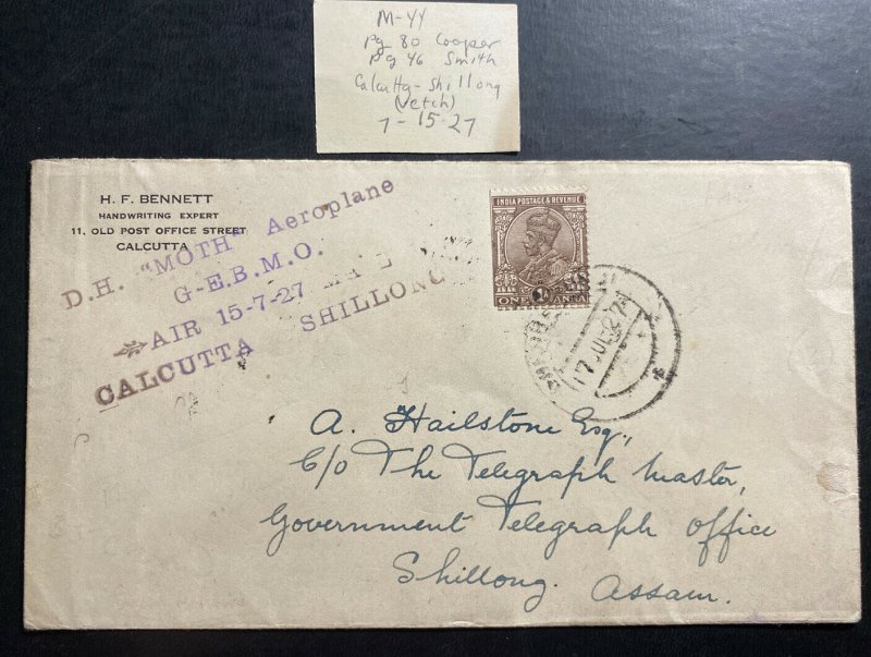 1927 Calcutta India First Flight Early Airmail cover FFC To Shillong