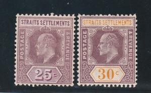 STRAITS SETTLEMENTS 1906 KEVII 25C AND 30C WMK MULTI CROWN CA