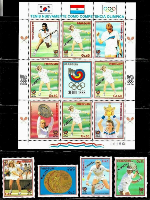 PARAGUAY 1988 OLYMPIC SEUL TENNIS S.GRAFF SPECIMEN MUESTRA SET+MS Mi 4257-61 MNH