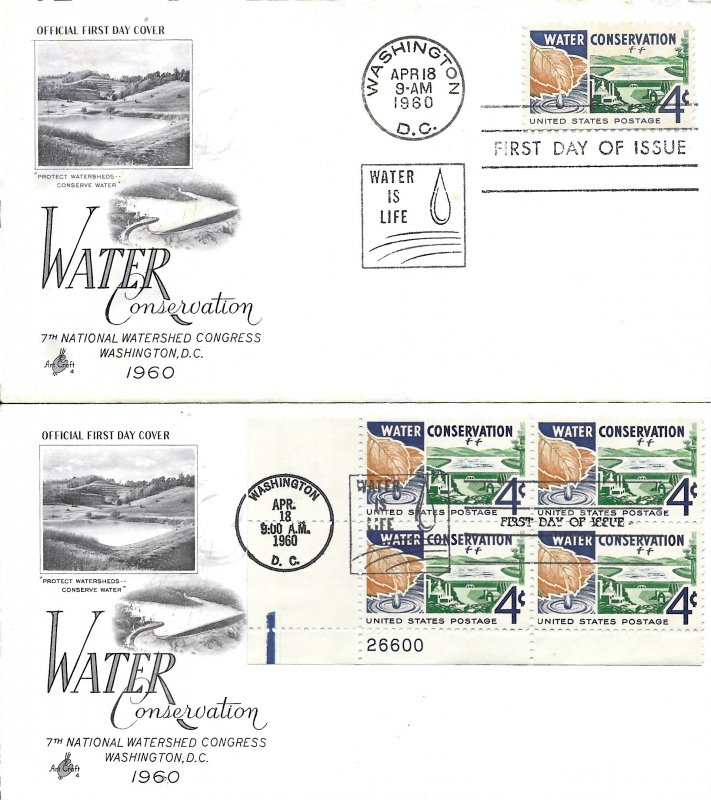 1960 FDC, #1150, 4c Water Conservation, Art Craft - single/block of 4