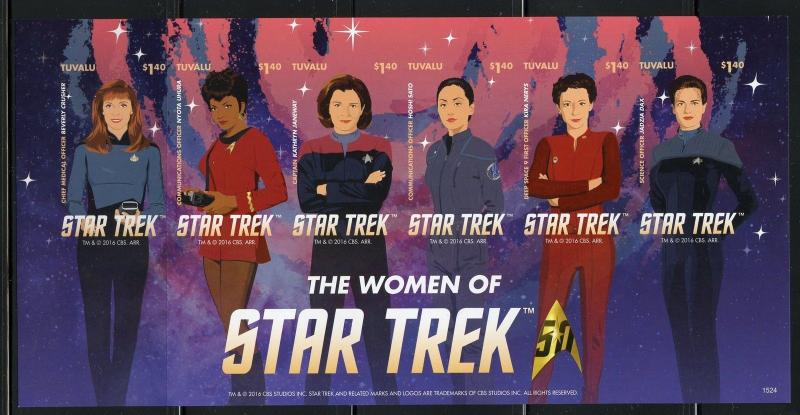 TUVALU  2016 STAR TREK THE WOMEN OF STAR TREK  SHEET OF SIX  IMPERF  MINT NH