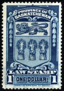 1938 Canada Revenue 1 Dollar Saskatchewan Law Stamp Used