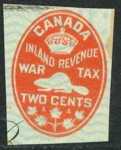 CANADA REVENUES 1915 2c Beaver EMBOSSED WAR TAX Cheque Stamp VDM. FCH1 VFU