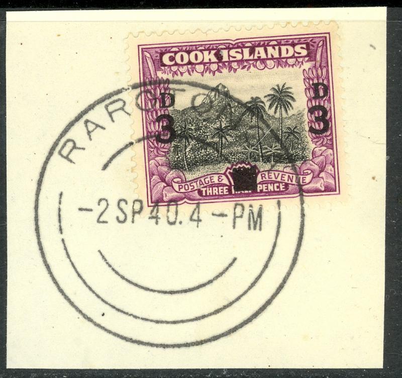 COOK ISLANDS 1940 3d on 1 1/2d Surcharge Issue Sc 115 VFU on Piece FDOI Cancel