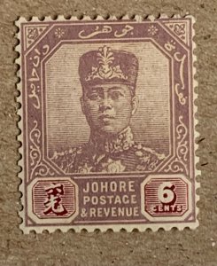 Malaya Johore 1921 6c Sultan Ibrahim. SEE NOTE. Scott 108, CV $0.50. SG 110