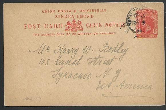 SIERRA LEONE 1920 GV 1½d postcard used Freetown to USA - scarce............57001 