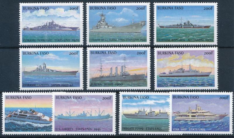 [81300] Burkina Faso 1999 Ships Boats Bismarck Liberty Fregate from sheet MNH