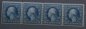 United States #496 5 Cent Washington Strip of Four w/ Coil Line Pair MNH