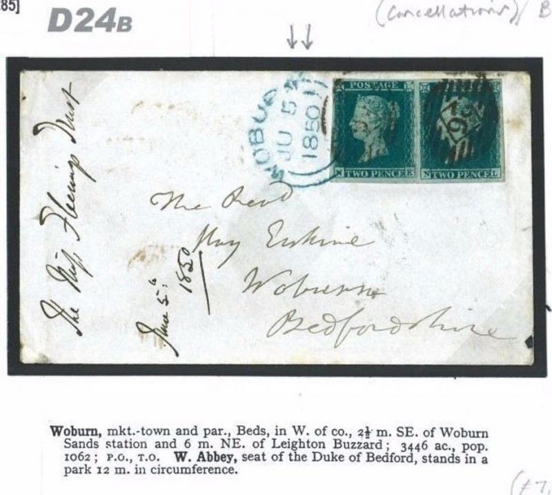 D24b GB Cover 1850 2d Blues London SG.14 Pair Tied Blue CDS/Woburn {samwells}