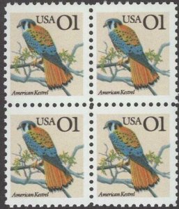 1991 American Kestrel Bird Block of 4 1c Postage Stamps, Sc# 2476, MNH, OG