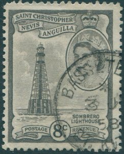 St Kitts Nevis 1954 SG112b 8c QEII black Sombrero Lighthouse FU