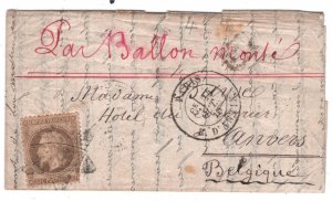 France BALLON MONTE 30c Cover 1870 PARIS SIEGE Belgium Per *MONTGOLFIER*? MA1014