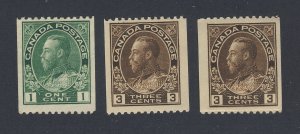 3x Canada WW1 Admiral Stamps; #131-1c #134-3c #134-3c P.U. Guide Value = $40.00