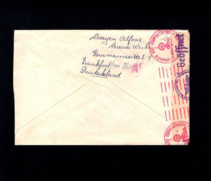 Germany Koln Cologne Censor Tape & Machine to Belgium 1943 Frankfurt Cover 6a