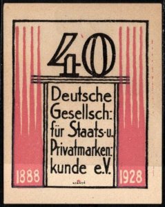 1928 Germany Poster Stamp 40th Anniversary German Society State Private Brands