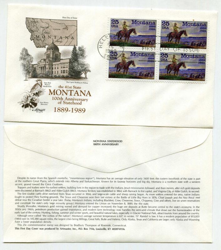 2401 Montana Statehood, Artmaster, block of 4, B4, FDC