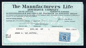 van Dam FX36, 2c, Two Leaf, on Receipt from Life Insurance Co, Canada