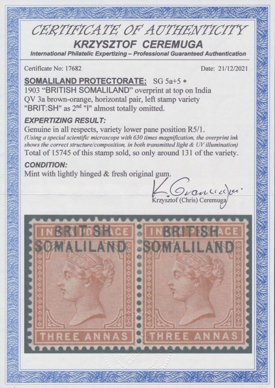 SOMALILAND 1903 QV India 3a pair, variety 'BRIT.SH'. Only 66 sold. Certificate.