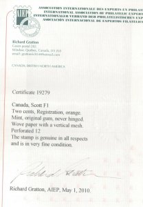 Canada #F1 Extra Fine Never Hinged Gem **With Certificate**