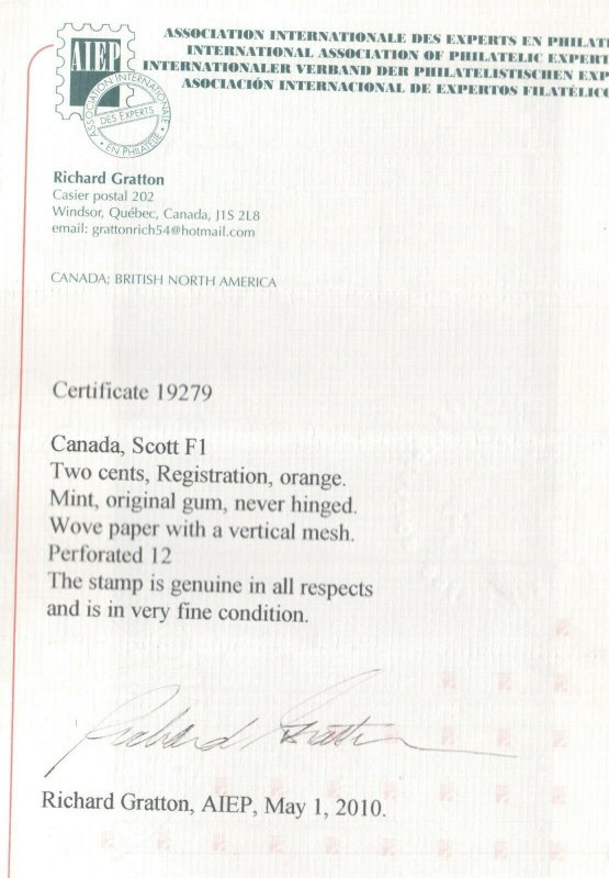 Canada #F1 Extra Fine Never Hinged Gem **With Certificate**