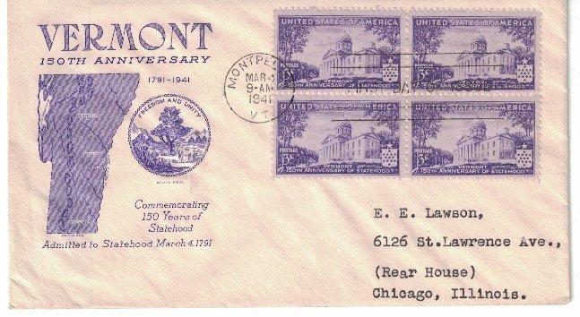 #903 FDC, 3c Vermont 150th, Grimsland cachet, block of 4