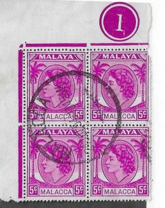 Malaya (Malacca) Sc #32 5c QE corner block of 4 with top counter used VF