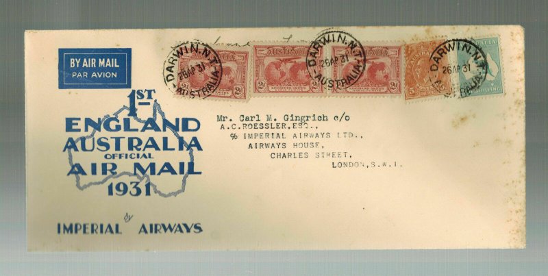 1931 Darwin Australia England First Flight Cover FFC  Imperial Airways Roessler