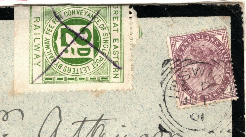 GB RAILWAY STAMP Cover *GER* Non Philatelic Ipswich 1901 Squared Circle MAL163