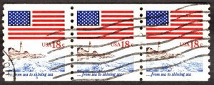 1981, US 18c, Flag and lighthouse, Used strip of 3, Sc 1891