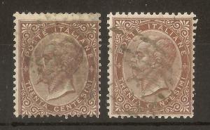 Italy 1863 30c SG13/13a 2 Shades Fine Used Cat£42