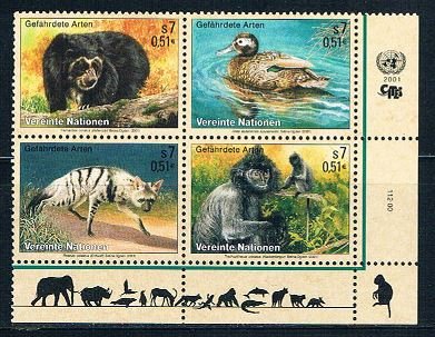 UN New York 287a MNH blk 4 Endangered Species 2001 (U0391)