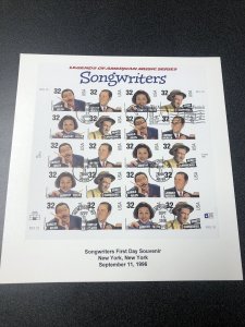 US 3100-03 Songwriters Souvenir Page Of 20 Stamps First Day Of Issue 1996 