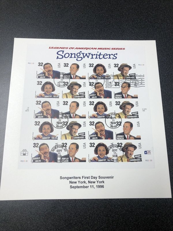 US 3100-03 Songwriters Souvenir Page Of 20 Stamps First Day Of Issue 1996 