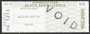 1981 Canada MANITOBA Non Resident (Alien) $40 BLACK BEAR Hunting Revenue VF-