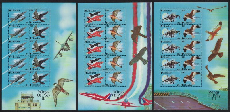 Gibraltar Birds of Prey and Jet Fighters 3 Sheetlets 3rd series 2001 MNH