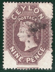 CEYLON QV PENCE ISSUE Classic Stamp SG.25 9d Purple-Brown (1861) Cat £250+ SBB19