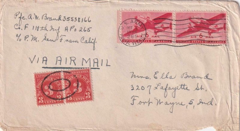 1945, APO 265, Palau to Fort Wayne, IN, Airmail, Postage Dues (M5089)