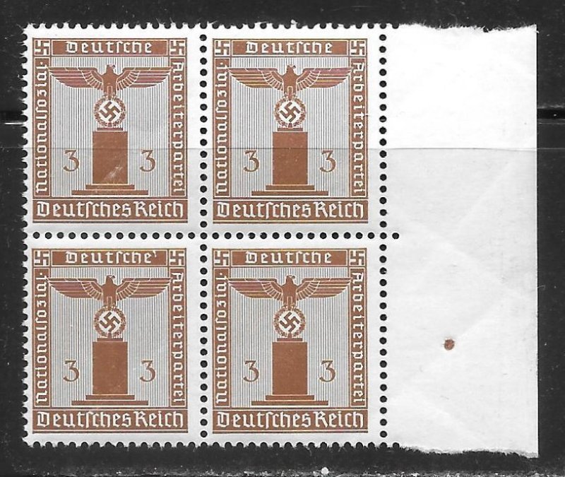 Germany S13 3pf Franchise Stamp Right Margin block of 4 MNH