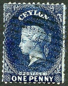 Ceylon SG63 1d Dull Blue wmk Crown CC 21.5 mm Cat 18 pounds