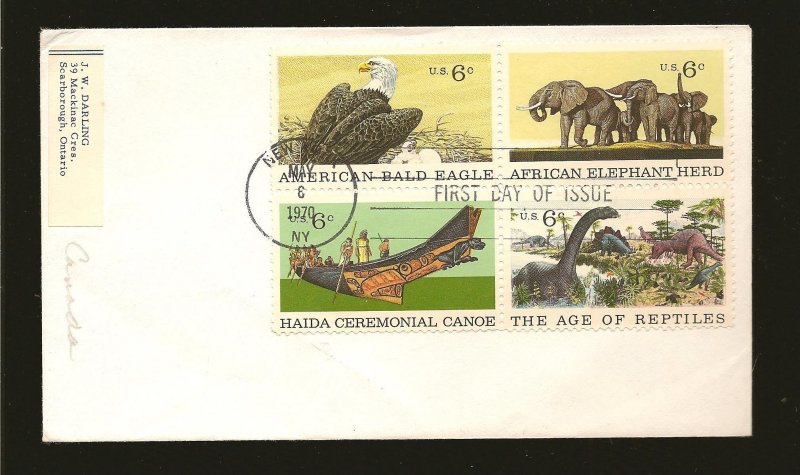 USA SC#1387-1390 Se-tenant Bloc of 4 First Day Cover Used