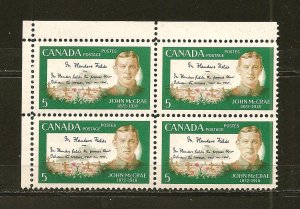 Canada 487 John McCrae Upper Left Block of 4 MNH