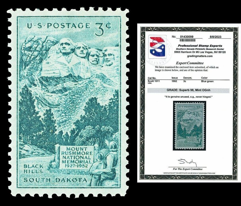 Scott 1011 1952 3c Mount Rushmore Issue Mint Graded Superb 98 NH with PSE CERT