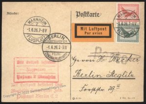 Germany 1926 Mannheim Berlin Airmail Cover USED 110167