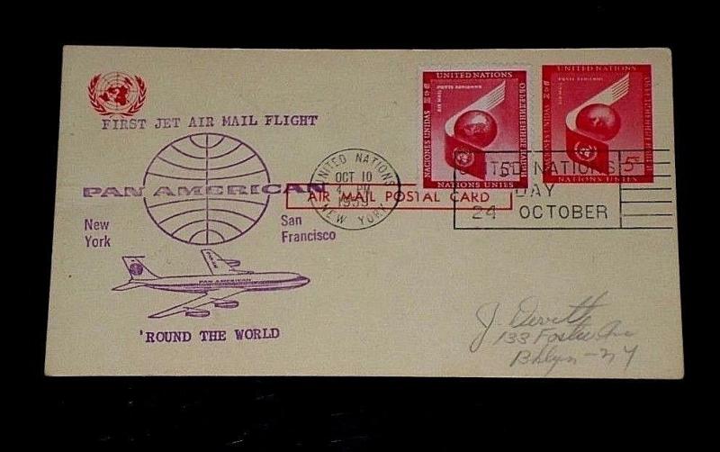 U.N.1959, NEW YORK #UXC3, POSTAL CARD , VERY SCARCE FIRST FLIGHT, NICE!! LQQK!!!