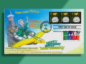 American Clock FDC - Mom Bennett Rides One Over Cleveland on Her 80th Birthday!