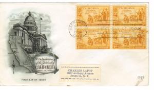 US 997 (Me-5) 3c California Statehood blk 4 on FDC Artmaster Cachet ECV $10.00