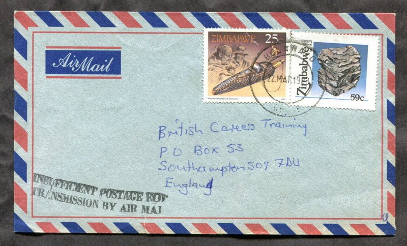 p409 - ZIMBABWE 1993 Cover to ENGLAND. INSUFFICIENT POSTAGE FOR AIRMAIL