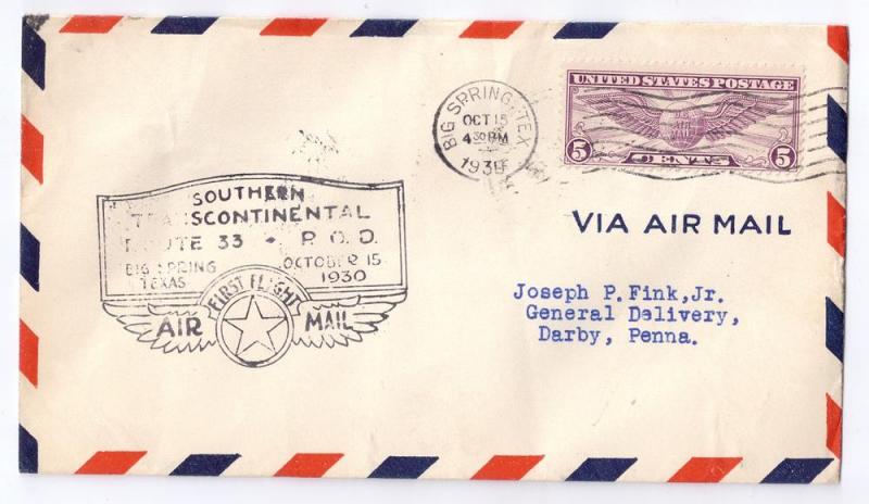 CAM 33 First Flight Cover Big Spring Texas TX 1930 FFC 