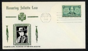 U.S.A. SC#974 Juliette Low - Girl Scout - Cachet W. G. Crosby (1948) FDC