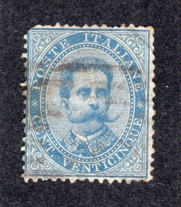 Italy 1879 25c blue Emmanuel II, Scott 48 used, value = $7.25